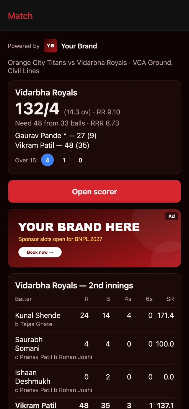 BNPL app live score screen
